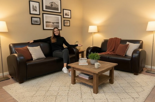 Divano in vera pelle marrone 3 + 2,5 posti