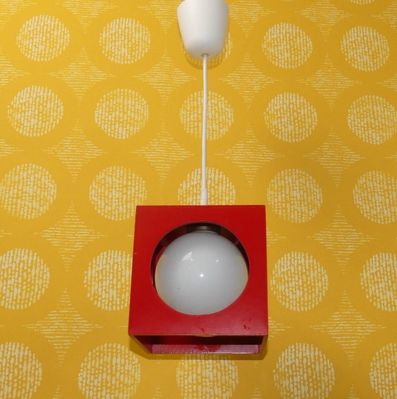 Image 1 of 70s hanglamp kubus blauw hout opaal glazen bol "Richard Essig" vintage retro