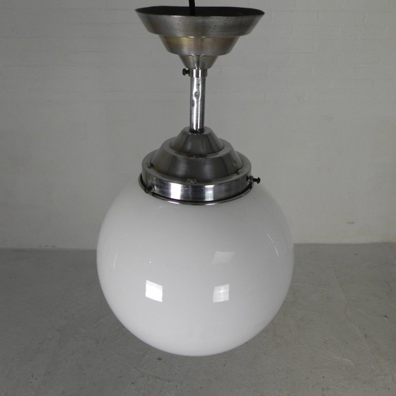 Art Deco pendant lamp with opaline glass globe, 1930s, Metal, White, Bauhaus (photo 3 of 11)