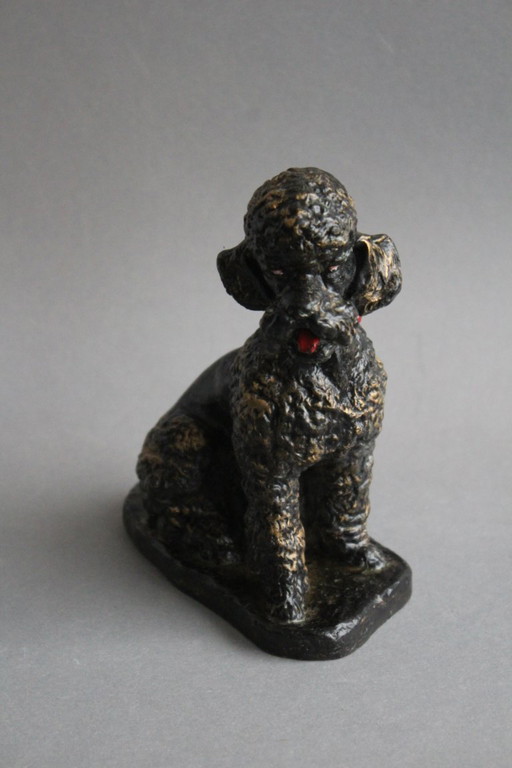 Vintage large poodle figurine made of wax, Lower Bavarian wax chamber, black and gold