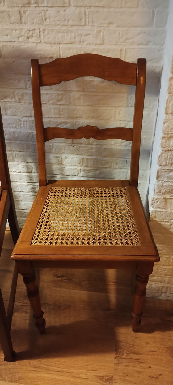 4 vintage eetkamerstoelen met webbing, Hout, Bruin (foto 6 van 13)