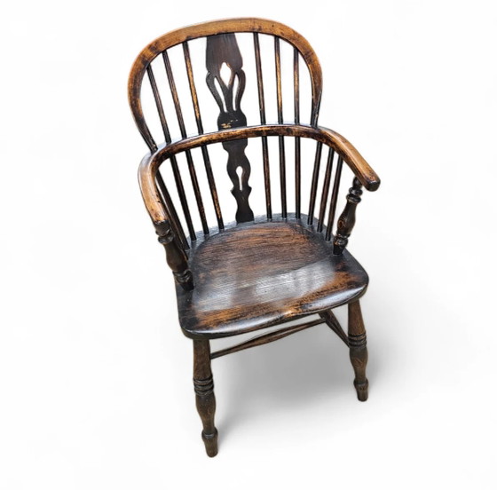 4 x Fauteuil Windsor ancien 2 bas / 2 hauts à dossier à fuseaux en orme / 19ème siècle (photo 11 of 15)