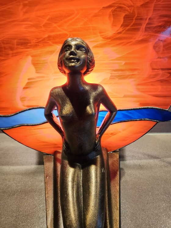 Image 1 of Art Deco lamp MCM 1960, probably bronze with Tiffany style glass shade.