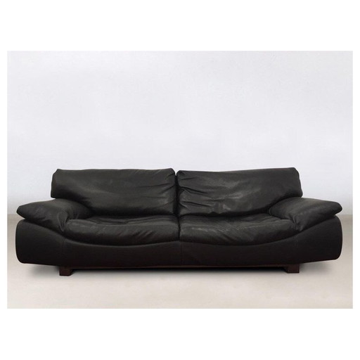 Vintage Sofa and 2 lounge chairs, living room set Roche Bobois, Black Leather