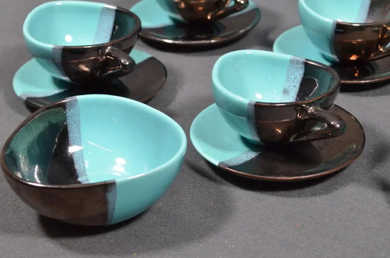 Mid 20th Century Vallauris – Black and Turquoise Blue Faience Coffee Set - 15 pcs – Crockery (photo 4 of 18)