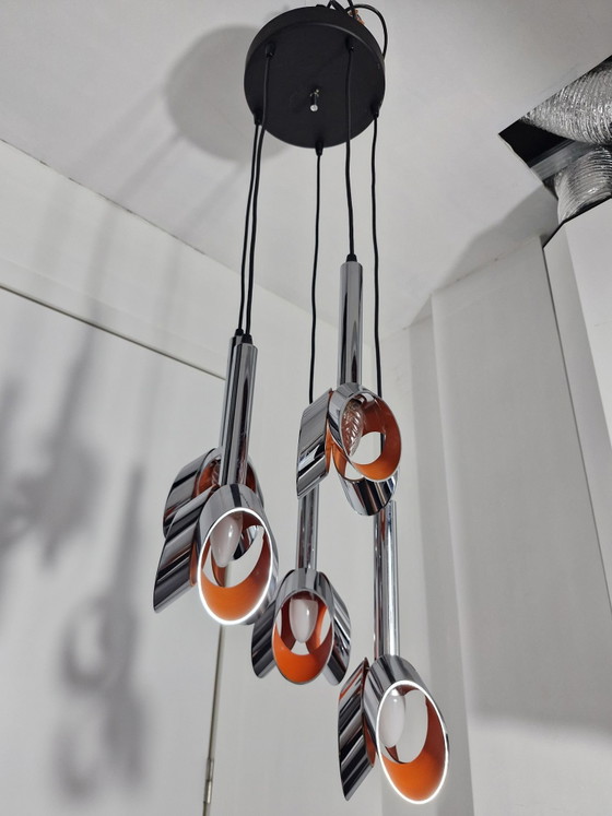 Massive Space Age cascade pendant lamp, chrome and orange, 5 light points, Metal, Silver (photo 11 of 15)