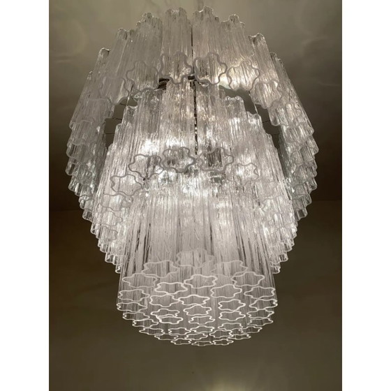 Image 1 of Contemporary Oval Transparent “Tronchi” Murano Glass Chandelier in Venini Style