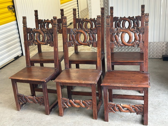 6 Alsatian carved and openwork wooden chairs - 19th century, Dining chairs, Brown (photo 9 of 15)