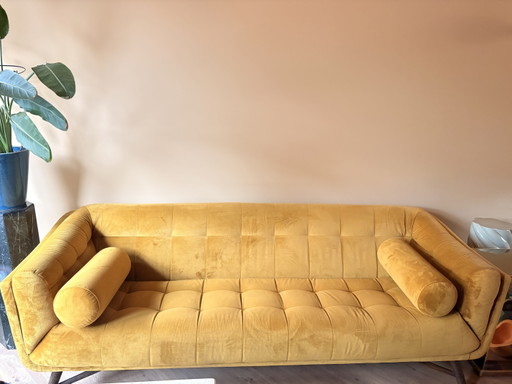 Homestock Canapé 3 places Velours Moutarde/Jaune Ocre Incl. Coussins – 3 5 zitsbanken, Velvet, Wood