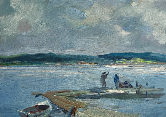 Image 1 of Original Oil Painting Summer River Landscape Fishing on the ferry