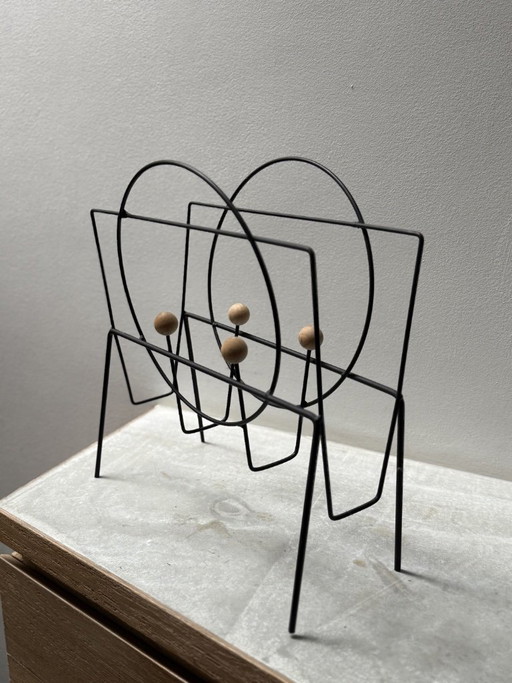 Porte-revue en metal filaire années 50 – tijdschriftenrek, Wood