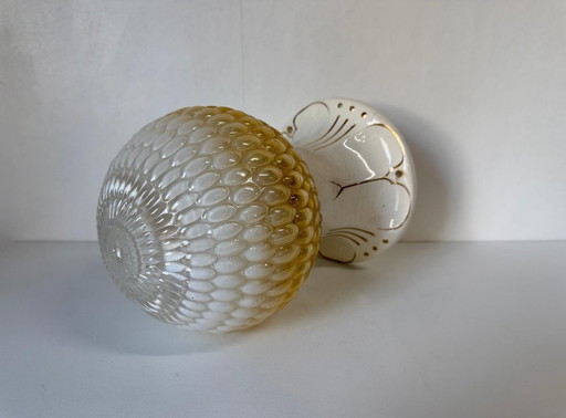 Antique Art Nouveau porcelain lamp with bubble ball, white and gold glass