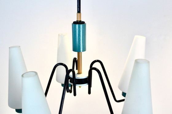 Lampada a sospensione olandese in acciaio, legno e vetro opalino, Lampadari, polished steel (foto 8 di 10)