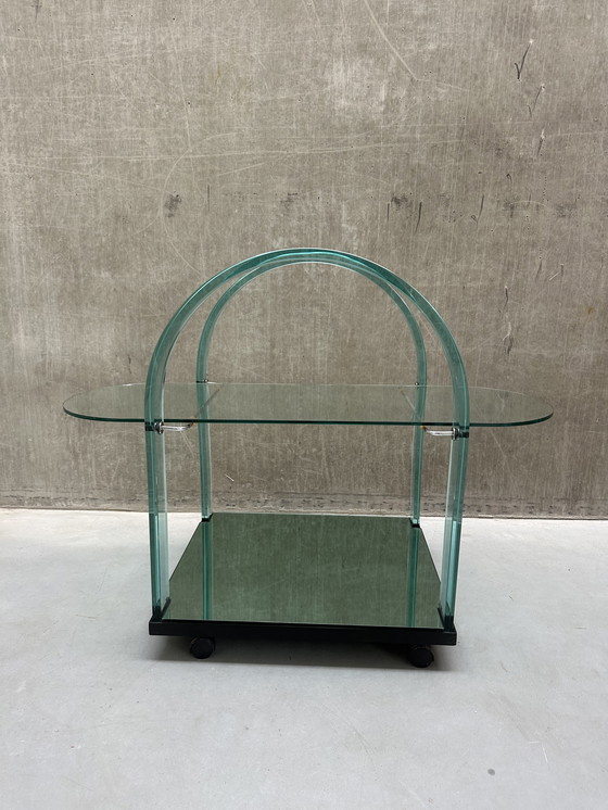 Image 1 of Curved green glass bar cart by FIAM - Italy - 1980s