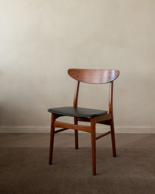 Vintage Danish Dining Chairs, Teak Backrest and Beech Frame, Newly Upholstered Black Skai Seats, 1960s
