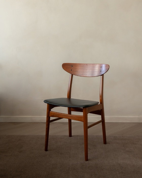 Image 1 of Vintage Danish Dining Chairs, Teak Backrest and Beech Frame, Newly Upholstered Black Skai Seats, 1960s
