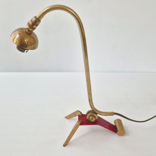 Vintage 1950s Adjustable Table Lamp, Brass and Steel, Red Lacquered, 1950s