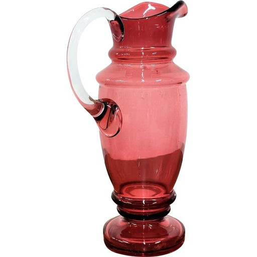 Cruche vintage en verre rose avec oreille blanche, Tchécoslovaquie, années 1950
