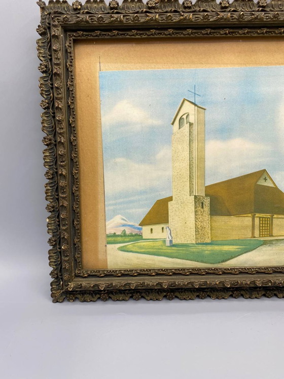 Notre-Dame du Chemin Blanc, Ségny, gouache originale, signée et datée de 1950, encadrée – Objets déco, Glass (photo 3 of 6)