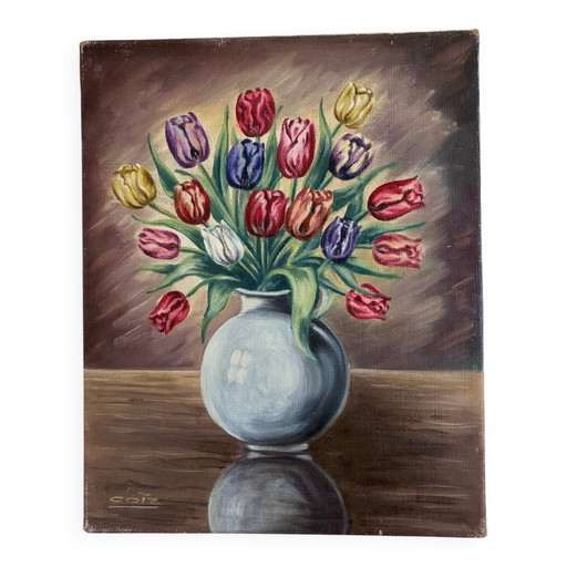 Peinture à l'huile originale vintage représentant une nature morte florale.