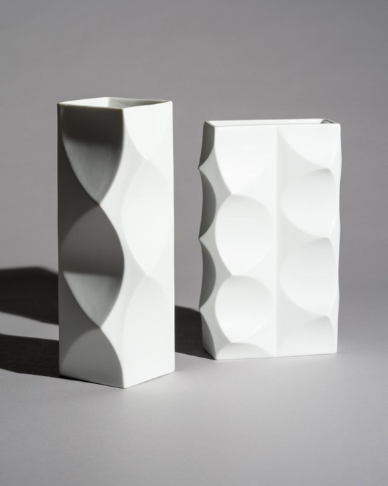 Image 1 of Heinrich Fuchs Lorenz Hutschenreuther “ARCHAIS” Bisque Porcelain Vase Duo Op-Art