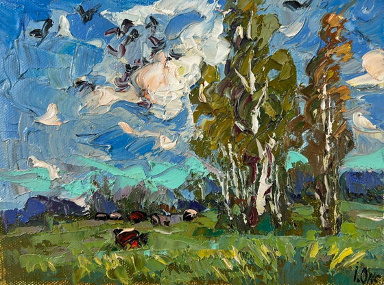 Image 1 of Peinture à l'huile originale, paysage naturel, champ, vent froid d'été