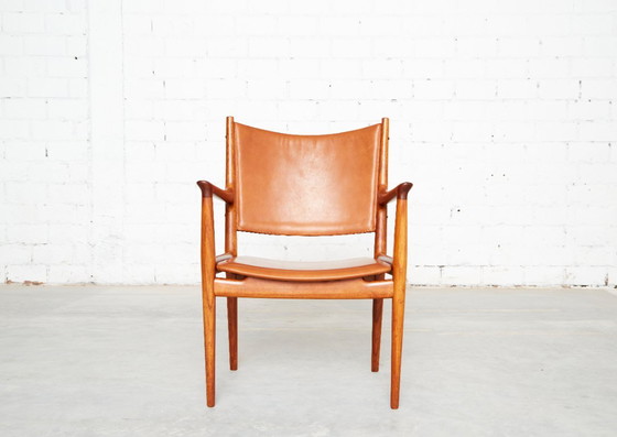 Paar Hans Wegner JH-513 Fauteuils voor Johannes Hansen, Hout, Leer, Bruin, Mid Century Modern (foto 5 van 15)