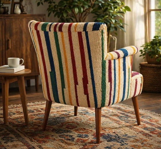 Image 1 of Moroccan Handmade Accent Chair, Colorful Woven Armchair, Mid Century Modern Lounge Chair, Boho Upholstered Chair