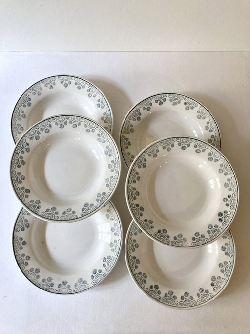 6 assiettes creuses Digoin & sarreguemines, décors fleuri vert émeraude