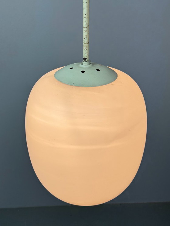 Tall Mid-Century Design Philips Industrial Pendant with Big White Oval Frosted Glass Ball, Netherlands, 1950s (photo 8 of 11)