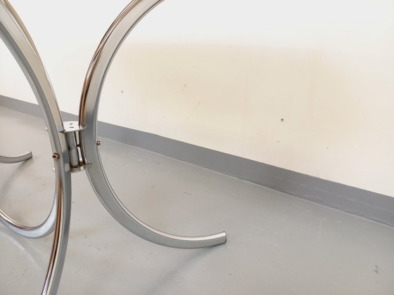 Image 1 of Table à manger rectangulaire arrondie vintage en verre fumé et métal chromé style Space Age des années 70