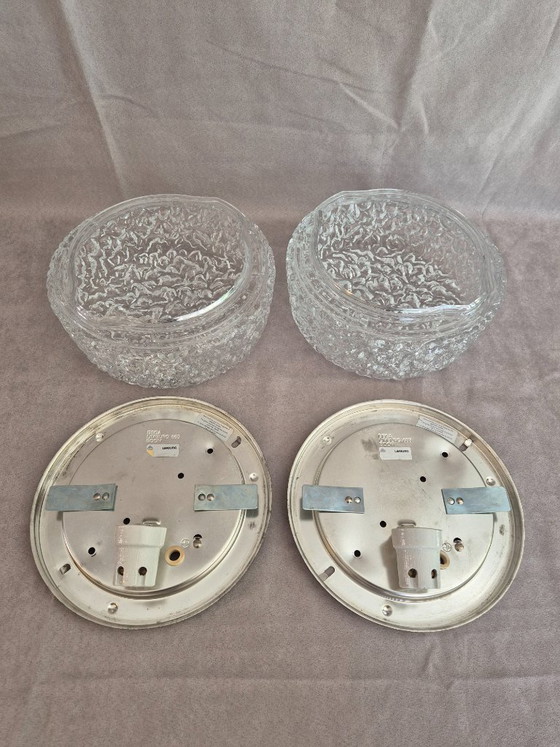 Image 1 of Pair of Glashütte Limburg 2791 Textured Ice Glass Flush Mount Ceiling / Wall Lights, Black Base, E27, Ø24.5 cm, Germany