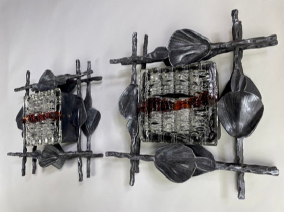 Image 1 of Pair of Brutalist wall sconces – Hand-Forged iron with Artistic glass – Italy 1960s–70s