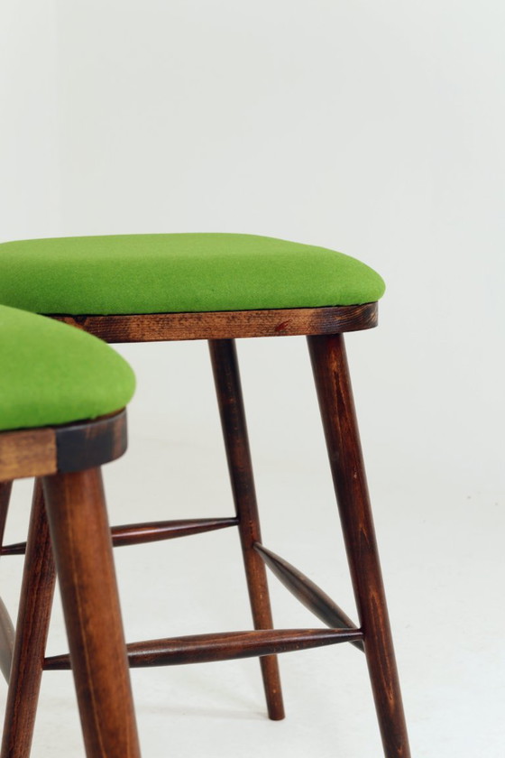Image 1 of Beech Wood Bar Stools – Green Recycled Wool Upholstery, Rustic Mid-Century Style