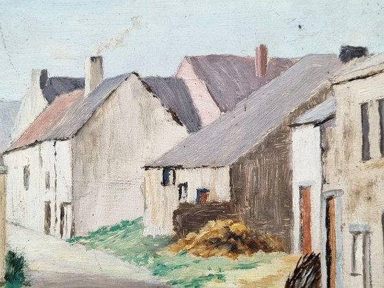 Antique oil painting, picturesque village view "Felenne" (1954) – Post-Impressionism – Decorative Objects (photo 3 of 9)