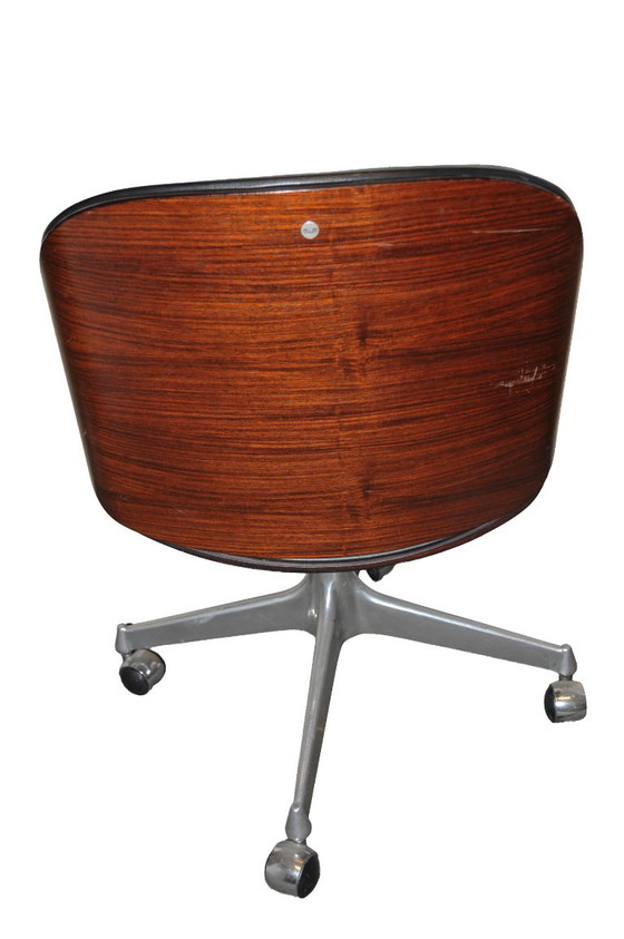 4 Sedie da ufficio girevoli nere in pelle e legno, MIM, Nero, Mid Century Modern (foto 4 di 5)