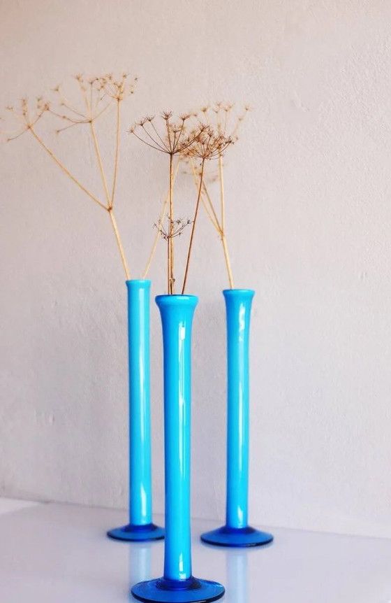 Image 1 of Vintage tall handblown orchid vases in azure blue by Artur Percy for Gullaskruf, 1970s, set of 3
