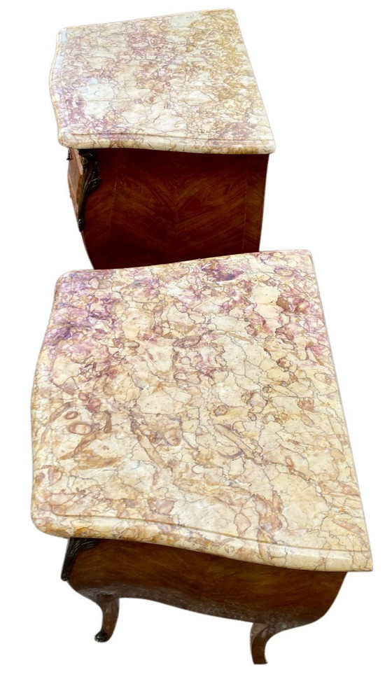 Image 1 of Pair of marquetry bedside tables - veined marble tops - Louis XV style