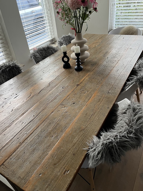 Image 1 of Unique Design Dining Table – Ramon van den Heuvel – Solid Aged Top – Brushed Stainless Steel Base