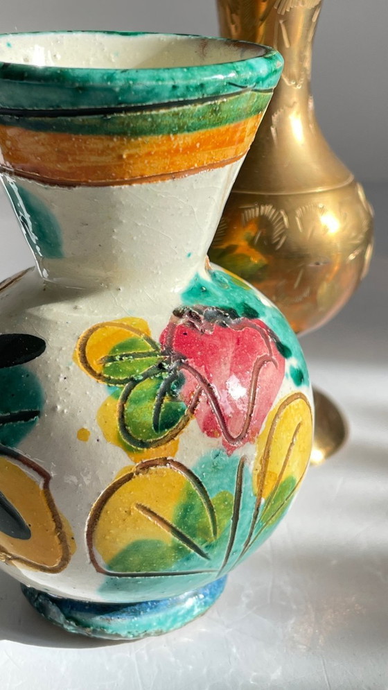Image 1 of Vintage Handcrafted Ceramic and Brass Vases