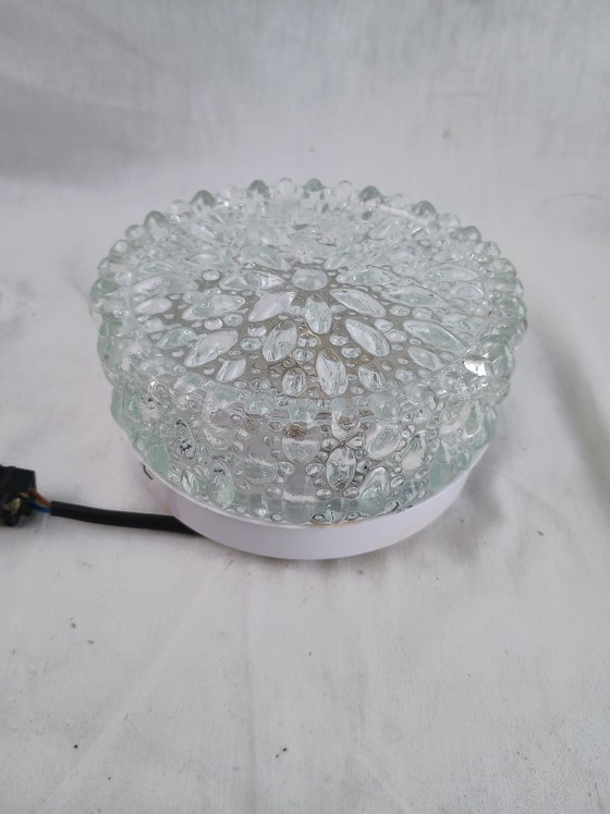 Image 1 of Vintage Glashütte Limburg 1960s Pressed Glass Ceiling Light - Textured Clear Glass Flush Mount Wall Sconce German Mid-Century