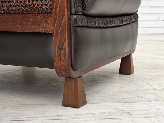 Image 1 of 1970er Jahre Skandinavischer Sessel, Braunes Möbelleder, Teakholzbeine