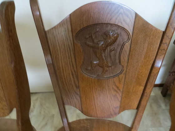 4 Vintage oak chairs with carved backrest in very good condition – Dining chairs, Wood (photo 5 of 8)