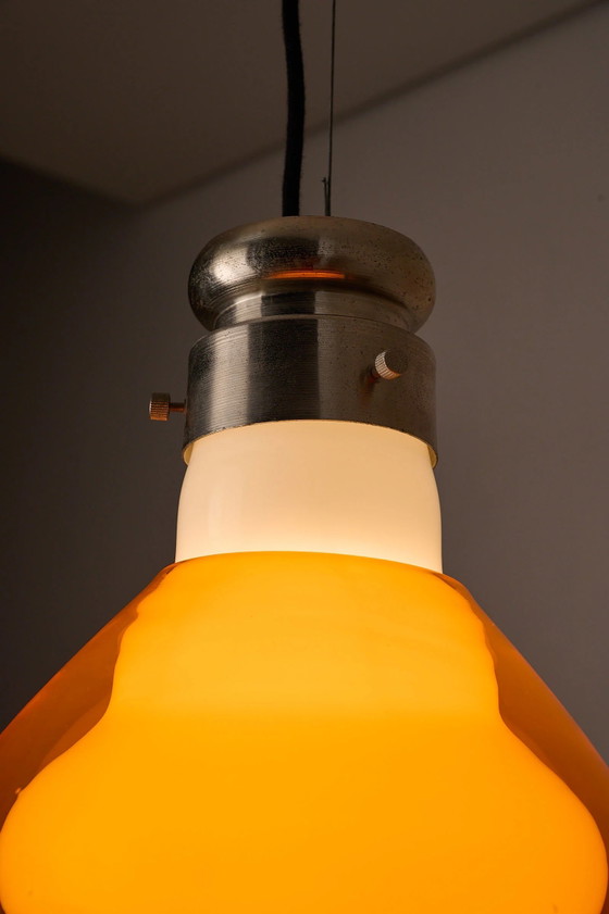 Space Age Blown Glass Pendant Lamp by Vistosi, Italy, 1970s, Ceiling lights, Aluminium, Orange (photo 2 of 10)