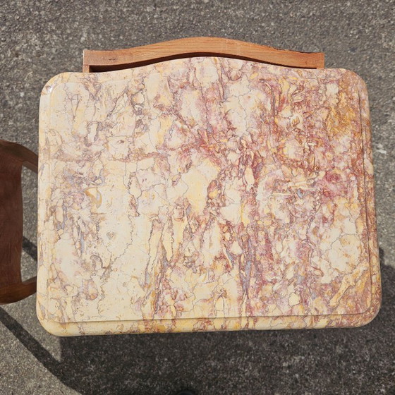 Image 1 of Chateau de Ligny - Pair of 2 French Vintage Marquetry Nightstands-Set of 2 Marble & Wood Bedside Tables-Style Louis XV - 50s