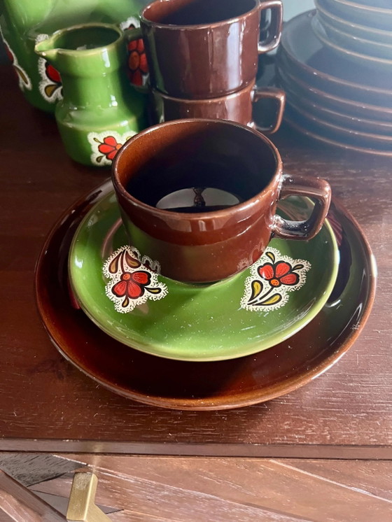 Retro Koffieservies uit de jaren 70 voor 6 personen, Space Age Vintage Servies in groen en bruin, – Ceramic (photo 9 of 10)