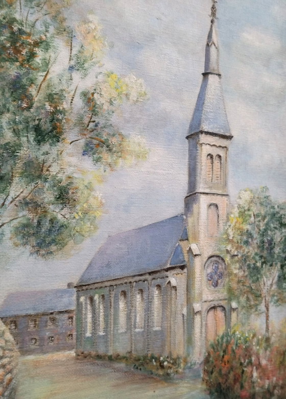 Painting Church Rural Landscape - L. Laffut (Belgian Art), Wood, Canvas, Blue (photo 5 of 11)