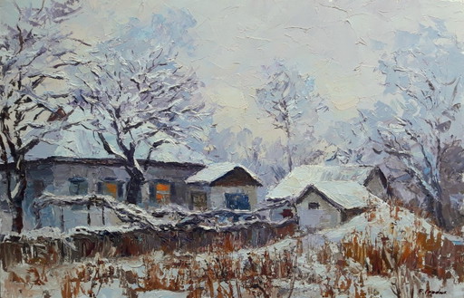 Origineel Olieverfschilderij Landelijk Landschap Dorpshuis Winteravond