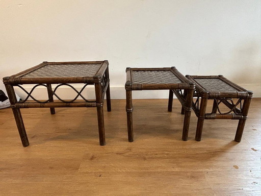 Beistelltisch-Set aus Manou/Rattan mit Rauchglas