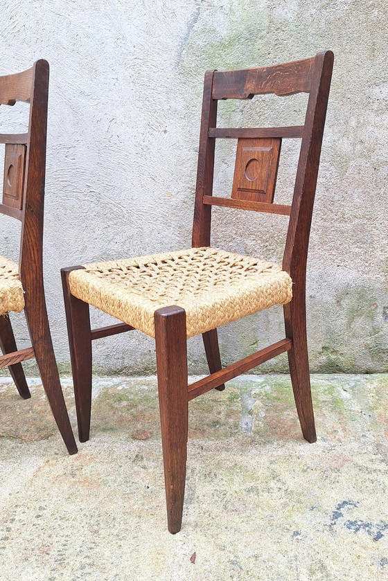 Image 1 of Set of 4 Oak and Rope Chairs by Audoux Minnet 50s